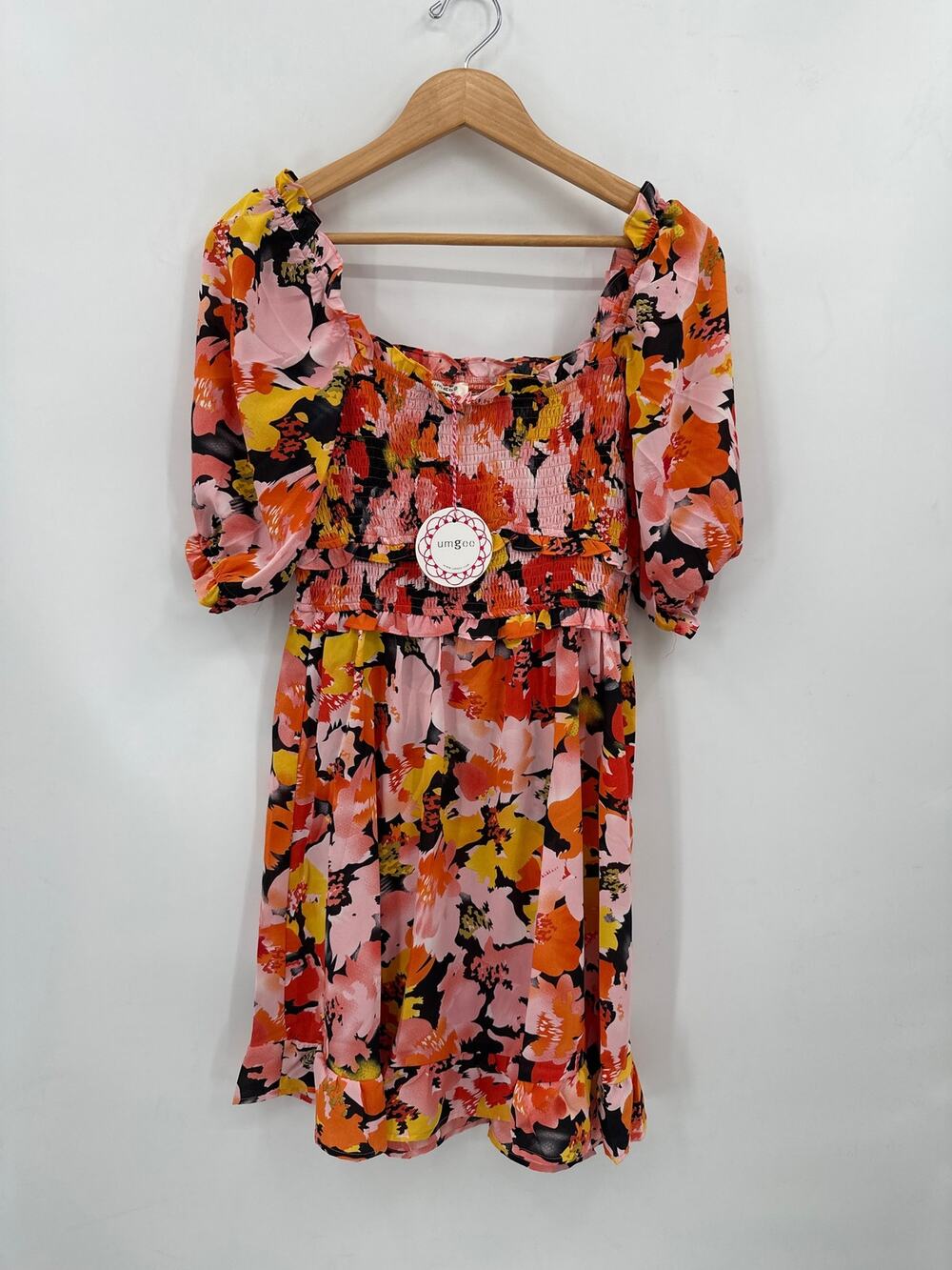 Umgee Orange Floral Seersucker bodice dress Size Medium NWT